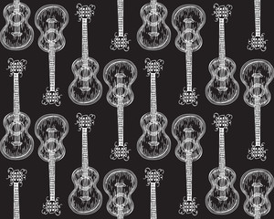 Black and White Seamless Pattern. Acoustic Guitar