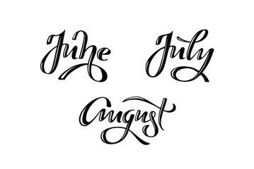 June, July, August summer months handwritten lettering poster. Vector illustration EPS 10.