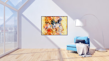 Modern bright interiors apartment with mockup poster frame 3D rendering