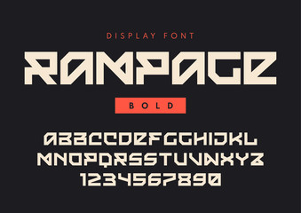 Vector modern bold display font named Rampage, blocky typeface, 