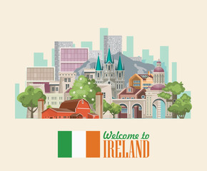 Obraz premium Ireland vector illustration with landmarks, irish castle, green fields.