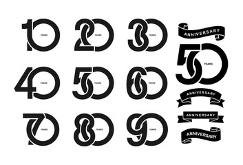 Set of anniversary pictogram icon. Flat design. 10, 20, 30, 40, 50, 60, 70, 80, 90, years birthday logo label, black and white stamp. Vector illustration. Isolated on white background - obrazy, fototapety, plakaty
