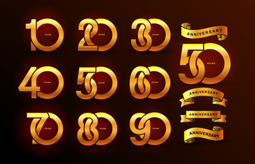 Set of anniversary pictogram gold icon. Flat design. 10, 20, 30, 40, 50, 60, 70, 80, 90, years birthday logo label, gold stamp. Vector illustration. Isolated on black background