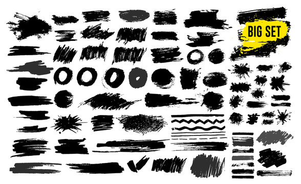 Set of black paint, ink brush strokes, brushes, lines, grungy. Dirty artistic design elements, boxes, frames. Freehand drawing. Vector illustration. Isolated on white background