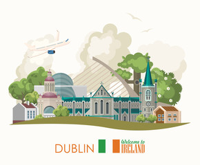 Ireland vector illustration with landmarks, irish castle, green fields. Dublin - 204599598