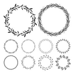 vector floral wreaths, hand drawn wreath clip art, round frame with leaves, decorative design elements, illustration
