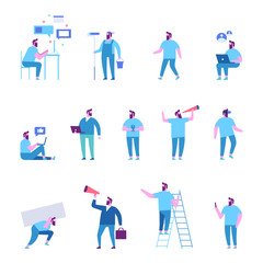 Young guy character set.  Brainstorming, searching for new ideas solutions. Communication via Internet, social networking, chatting. Flat vector illustration isolated on white.