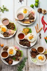 various malaysian rice and dishes top view