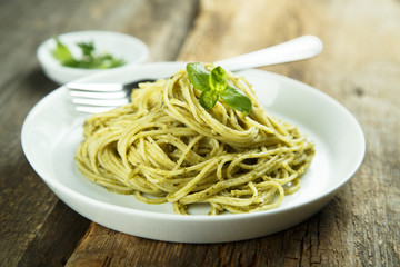 Pasta with homemade green basil pesto