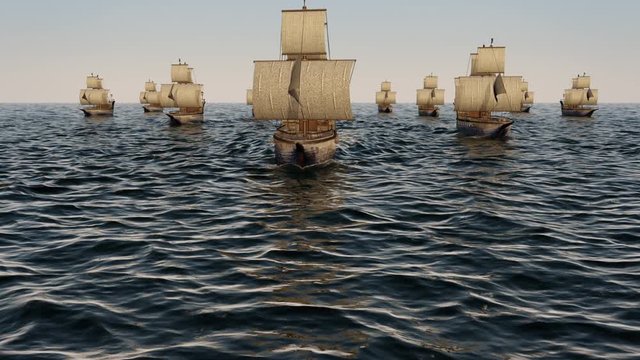 3D Animation of old wooden warships fleet on the ocean