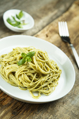 Pasta with homemade green basil pesto