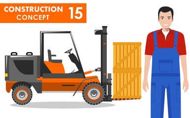 Worker concept. Detailed illustration of workman, driver, builder and forklift in flat style on white background. Heavy construction machine and equipment. Vector illustration.