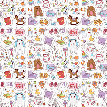 Baby toys icons cartoon family kid toyshop design cute boy and girl childhood art diaper love rattle seamless pattern background vector illustration.