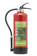 Obraz premium RED FOAM FIRE EXTINGUISHER ISOLATED ON WHITE BACKGROUND