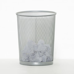 SILVER METAL WASTE PAPER LITTER BIN  ON WHITE BACKGROUND