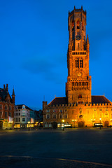 Naklejka premium The Markt of Bruges with the view of 12th-century belfry, Belgium at dusk