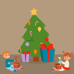 Obraz na płótnie Canvas Christmas kids vector character playing winter games winter children holidays christmas tree cartoon new year xmas kid