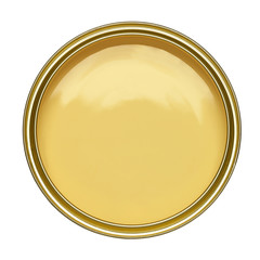 TIN OF OPEN YELLOW PAINT ISOLATED ON WHITE BACKGROUND