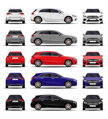 realistic car set. hatchback. front view, side view, back view.