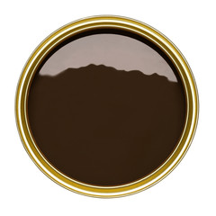 TIN OF OPEN DARK BROWN PAINT ISOLATED ON WHITE BACKGROUND