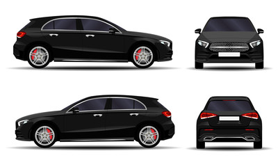 realistic car. hatchback. front view, side view, back view.