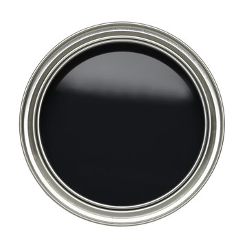 TIN OF OPEN BLACK PAINT ISOLATED ON WHITE BACKGROUND
