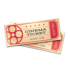 Two cinema or theater realistic tickets with barcode. Admit now coupons for pair entrance. Isolated movie ticket vector concept