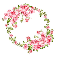 Fototapeta premium Beautiful, bright watercolor wreath with orchids. 