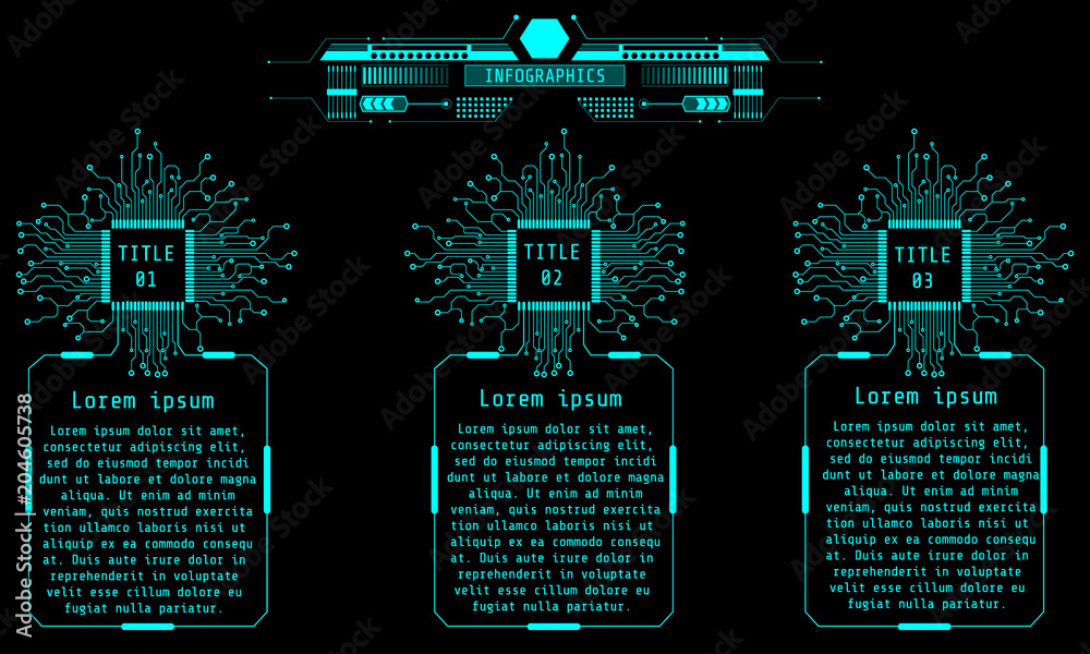 Leinwandbilder Work Process Infographic Chart Data Information With HUD Theme Concept. Hi Technology Microprocessor Circuit Board  Panel Vector Background