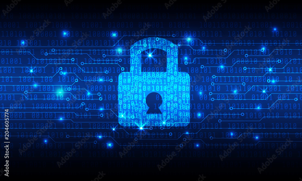 Poster Security Padlock Technology On Binary Number Vector Background. Abstract Cyber Digital Protection Code With Circuit Board Communication Illustration.