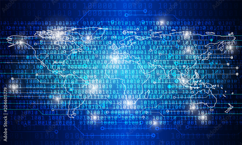 Aufkleber Circuit Board With Binary Code Vector Background. Blue Abstract Elements Space Cyber World Map Digital Security Number Hi Technology Concept Illustration.