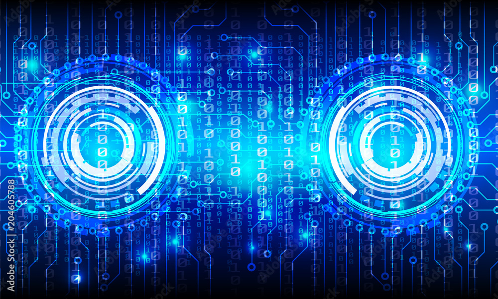 Aufkleber Security Circuit Board With Binary Code Vector Background. Blue Hi Tech Abstract Two Circle Panel Center Protection Concept Illustration.