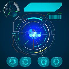 Hud Futuristic Virtual Interface Panel Design Vector Background. Abstract Circles Shape Element With Barcode Scanning Analysis On Dashboard Panel. 