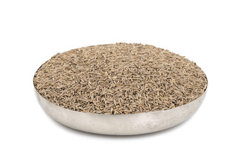 Pile of Dried Cumin Seeds Also know as caraway, jira or jeera seeds used in oriental cuisine isolated on white Background
