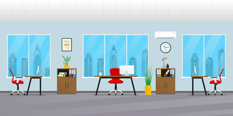 Office interior in flat style. Modern business workspace with office furniture: chair, desk, computer, bookcase, clock on the wall and window. Vector illustration.