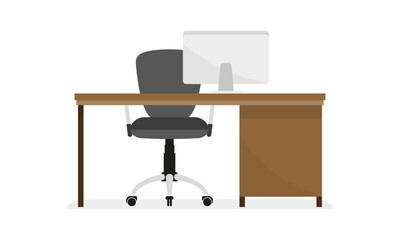 Office desk or table with office chair and computer. Business interior design elements. Vector illustration.
