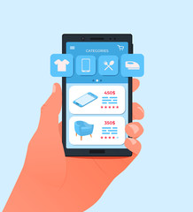 Online shopping. Smartphone in the left hand. Vector illustration
