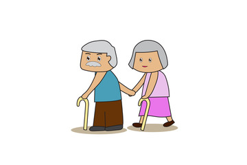 Elderly grandmother and grandmother use stick. Take care of each other. 