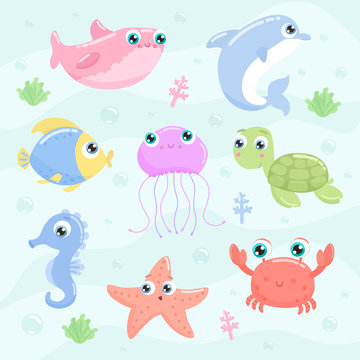 Cute sea animals. Flat design.