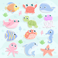 Fototapeta premium Cute sea animal stickers. Flat design.