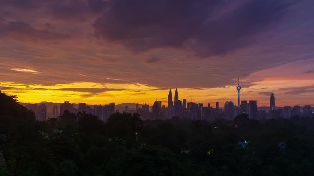 4K Time lapse of majestic sunset over downtown Kuala Lumpur, Malaysia.