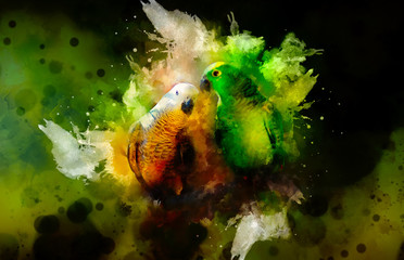 Green and white parrots and softly blurred watercolor background.