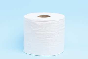 A toilet roll isoalted on light blue background.