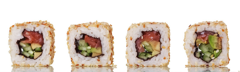 Asian dish sushi rolls with red fish isolated on white