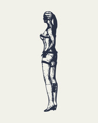 Beautiful sexy fitness girl. Pretty woman wearing lingerie. Side view. Vintage engraved illustration