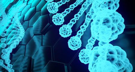 Abstract Human Dna Detailed Structures On Hexagon Background. 3D Rendering