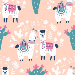 Cartoon Llama Alpaca Seamless Pattern. Hand Drawn Elements