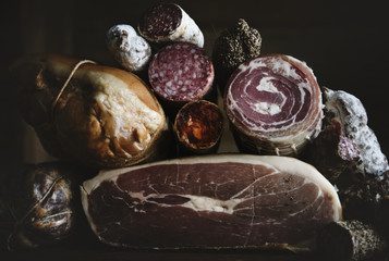Closeup of charcuterie meat products