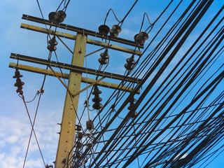 Electric pillar with transformer in the electric network. Outdoor view
