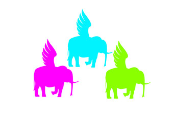 Silhouette Wings Elephants. Three colored elephant silhouettes with wings.